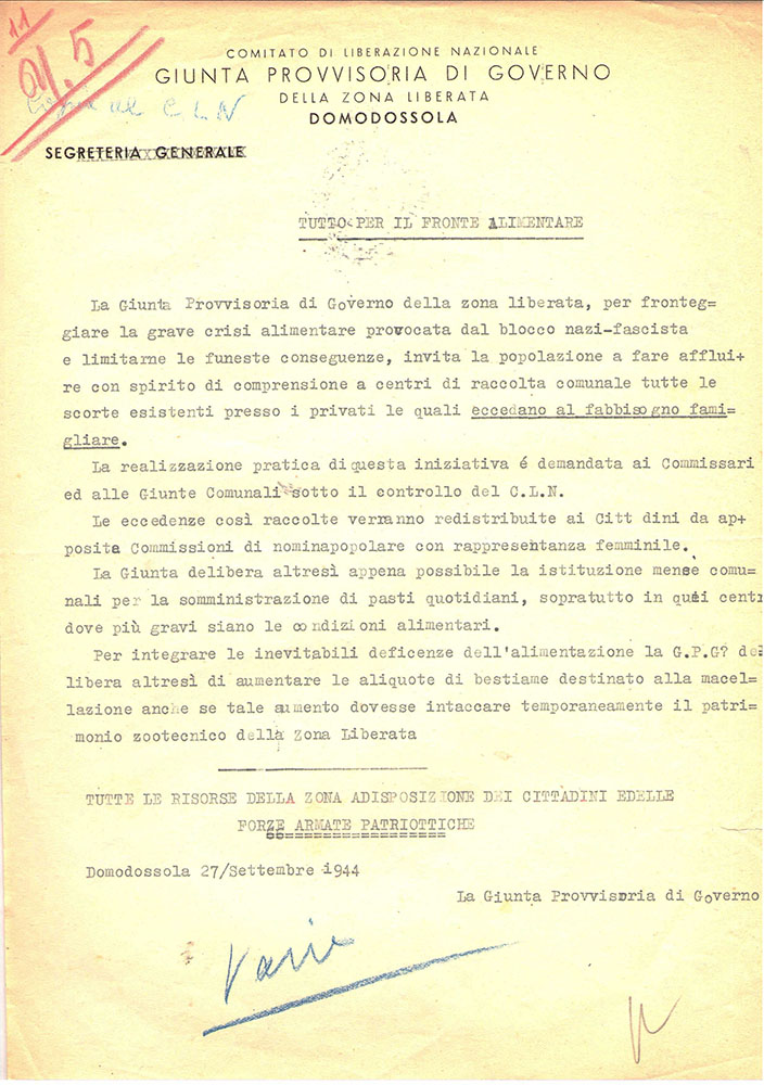 Archivio storico della Fondazione Aldo Aniasi, fondo Ossola-Garibaldi Redi (1944-1945),classe 3, b. 1, fasc. 4.