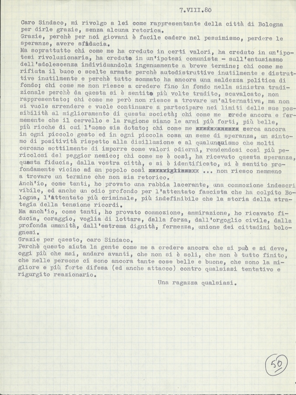 Archivio storico del Comune di Bologna, Gabinetto del sindaco, Strage alla stazione, Lettera di una ragazza qualsiasi, 7 agosto 1980.
