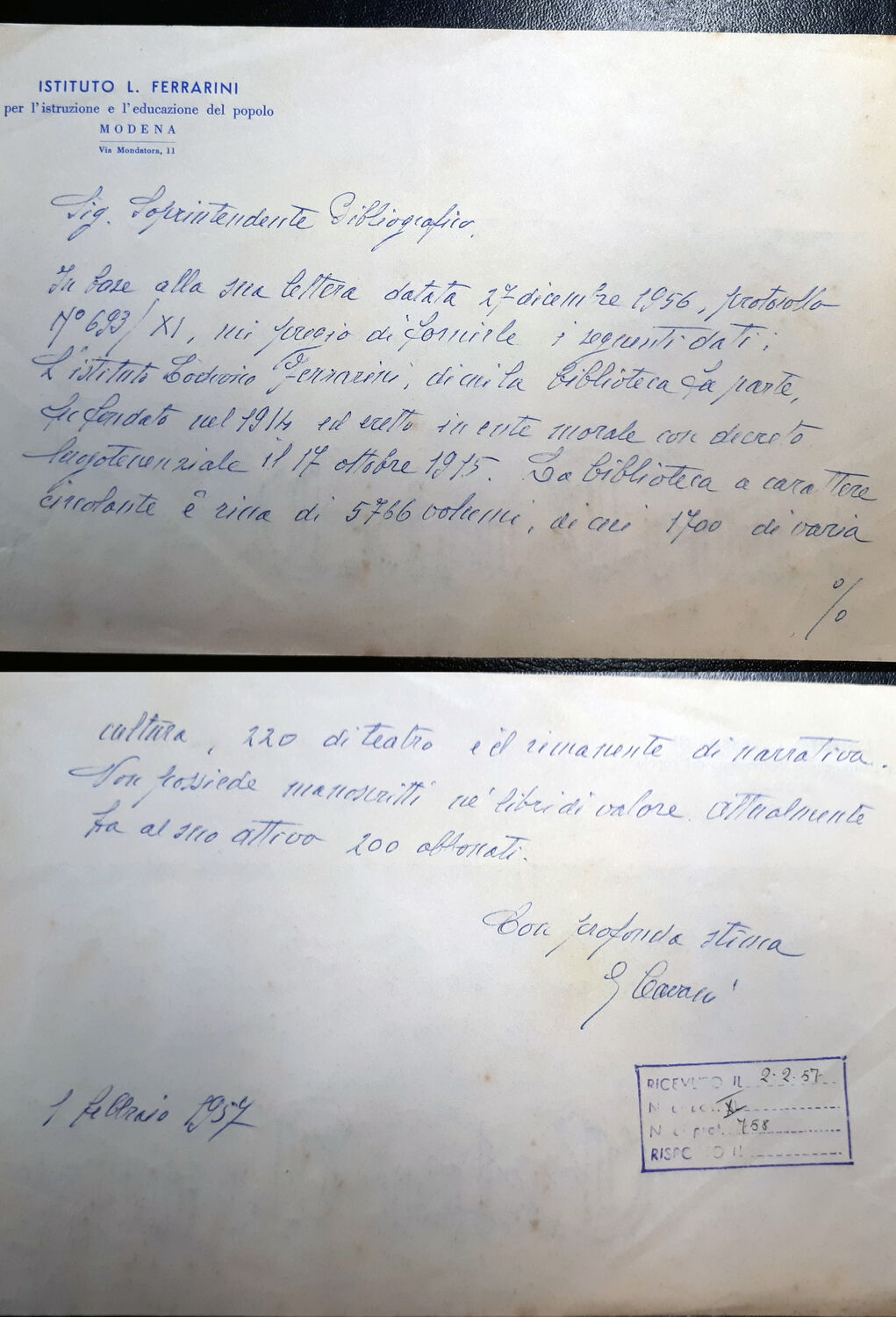 Lettere manoscritte di Guido Cavani, scrittore modenese all'epoca bibliotecario presso la Ferrarini, 1 febbraio 1957 (ASBn-o, b. 0773).