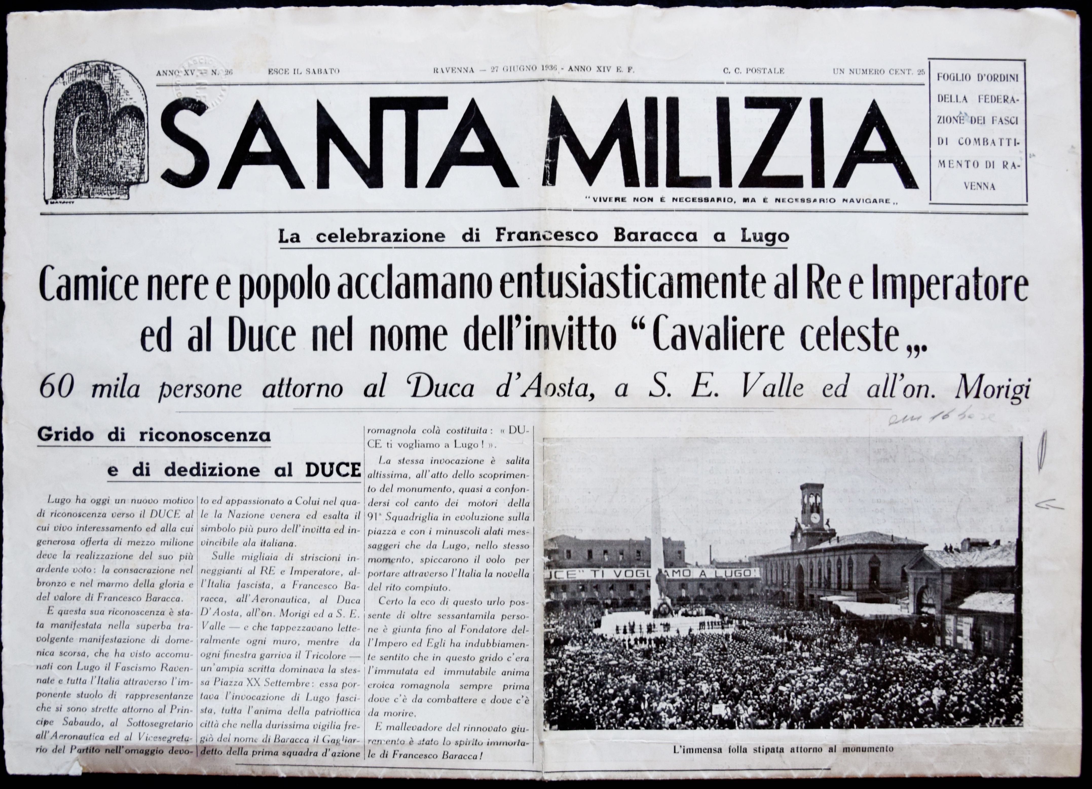 Fig. 7. Testata del periodico della Federazione fascista di Ravenna del 27 giugno 1936 che pubblicando la fotografia dell’inaugurazione ne riquadra una parte per mostrare la piazza affollata.