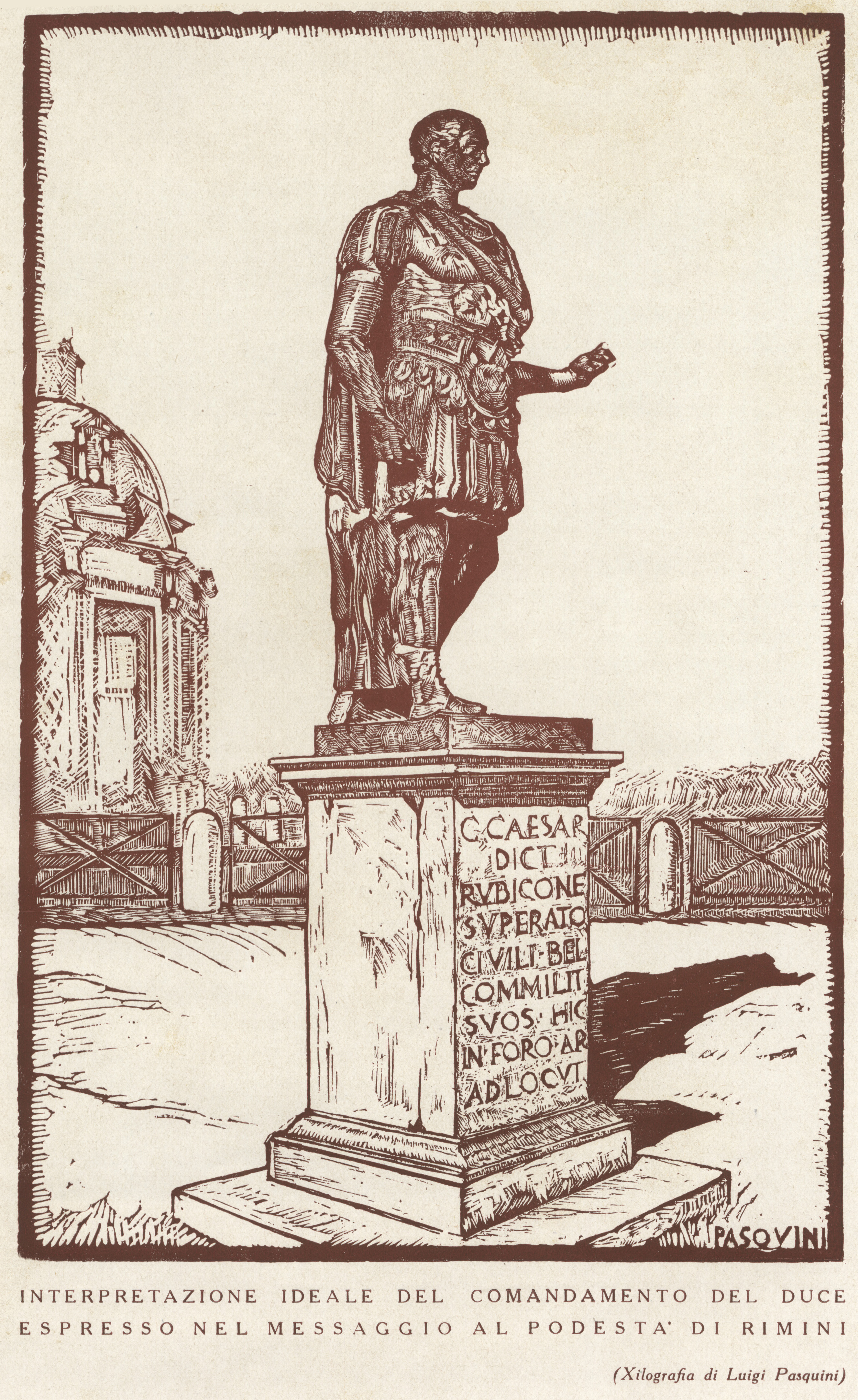Fig. 2. Xilografia di Luigi Pasquini: “Interpretazione ideale del comandamento del Duce espresso nel messaggio al Podestà di Rimini” [Pasquini 1933].