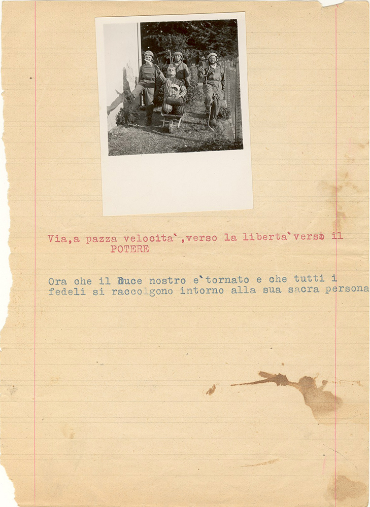 Foglio della parodia dell'Operazione Quercia, messa in scena da Giacomo Ulivi, Fausto Fornari e altri amici nella villa di Ozzano Taro - settembre 1943